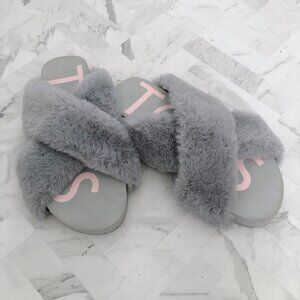 TOMS Susie Cross Strap Faux Fur Slippers in Gray Size 9